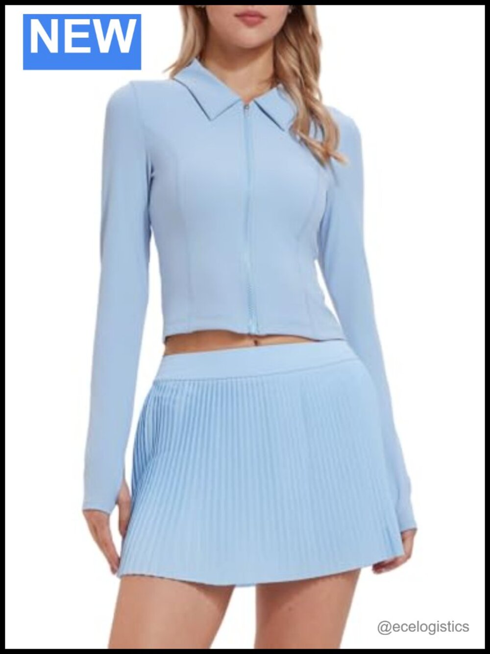 Women 2 Piece Tennis Golf Outfit Zip Polo Top Pleated Skirt Set